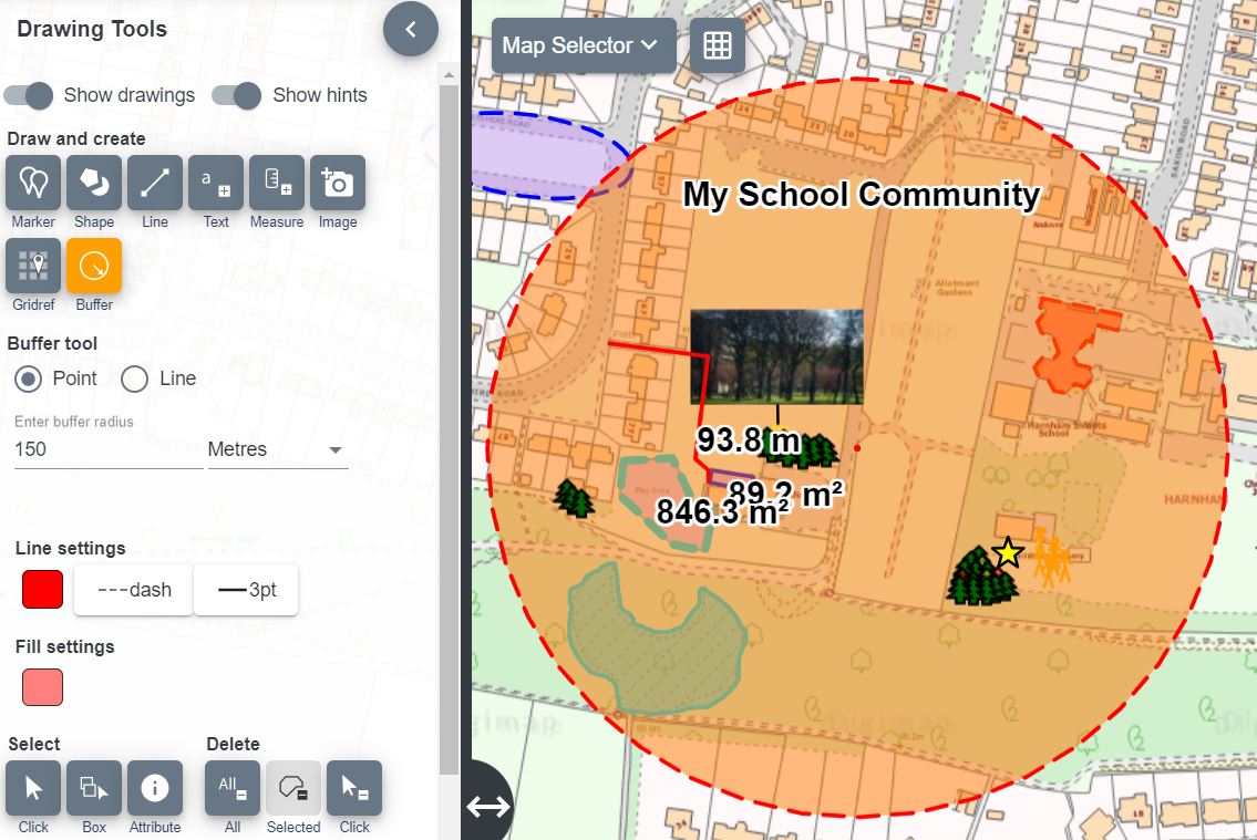 200m point buffer around the school