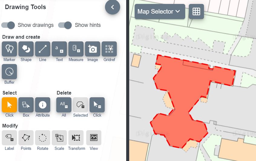 Draw polygon option, with red polygon drawn on map