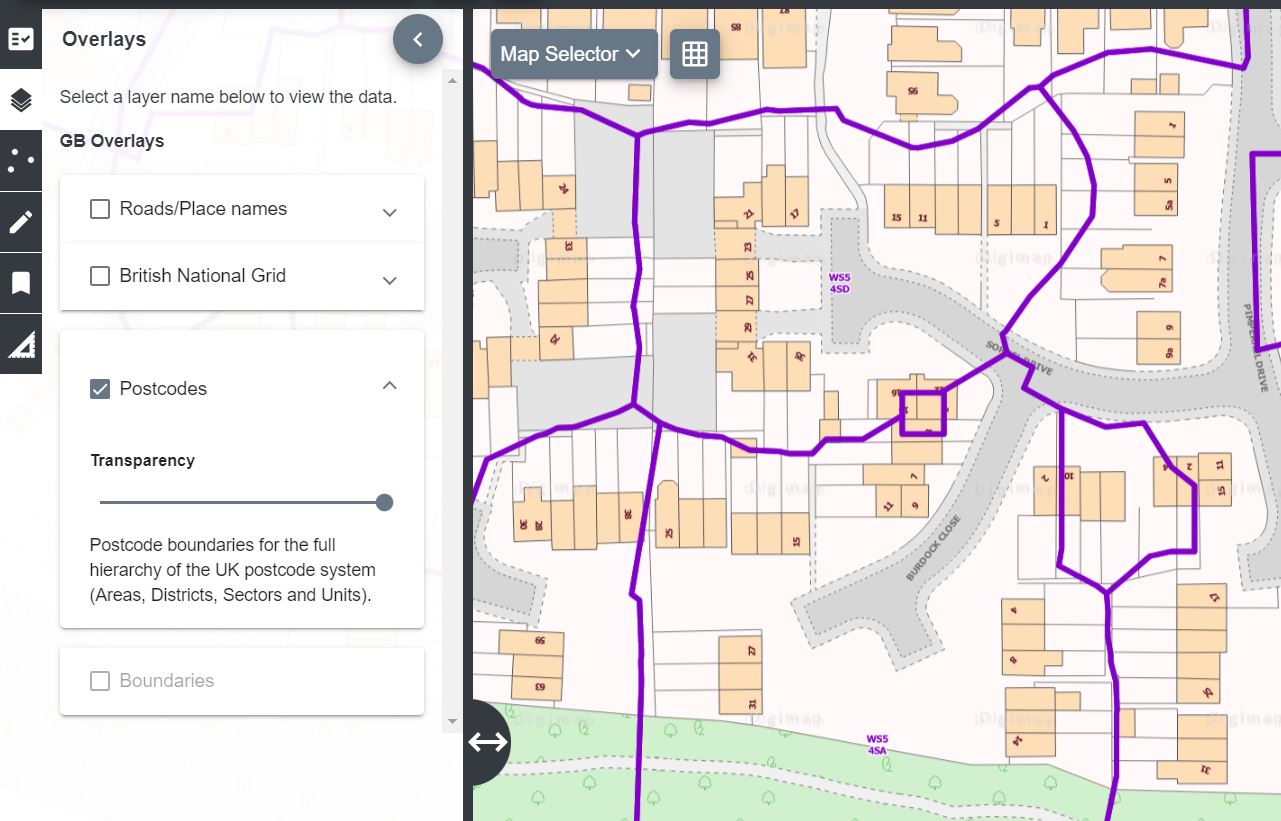 Overlays menu with postcodes selected